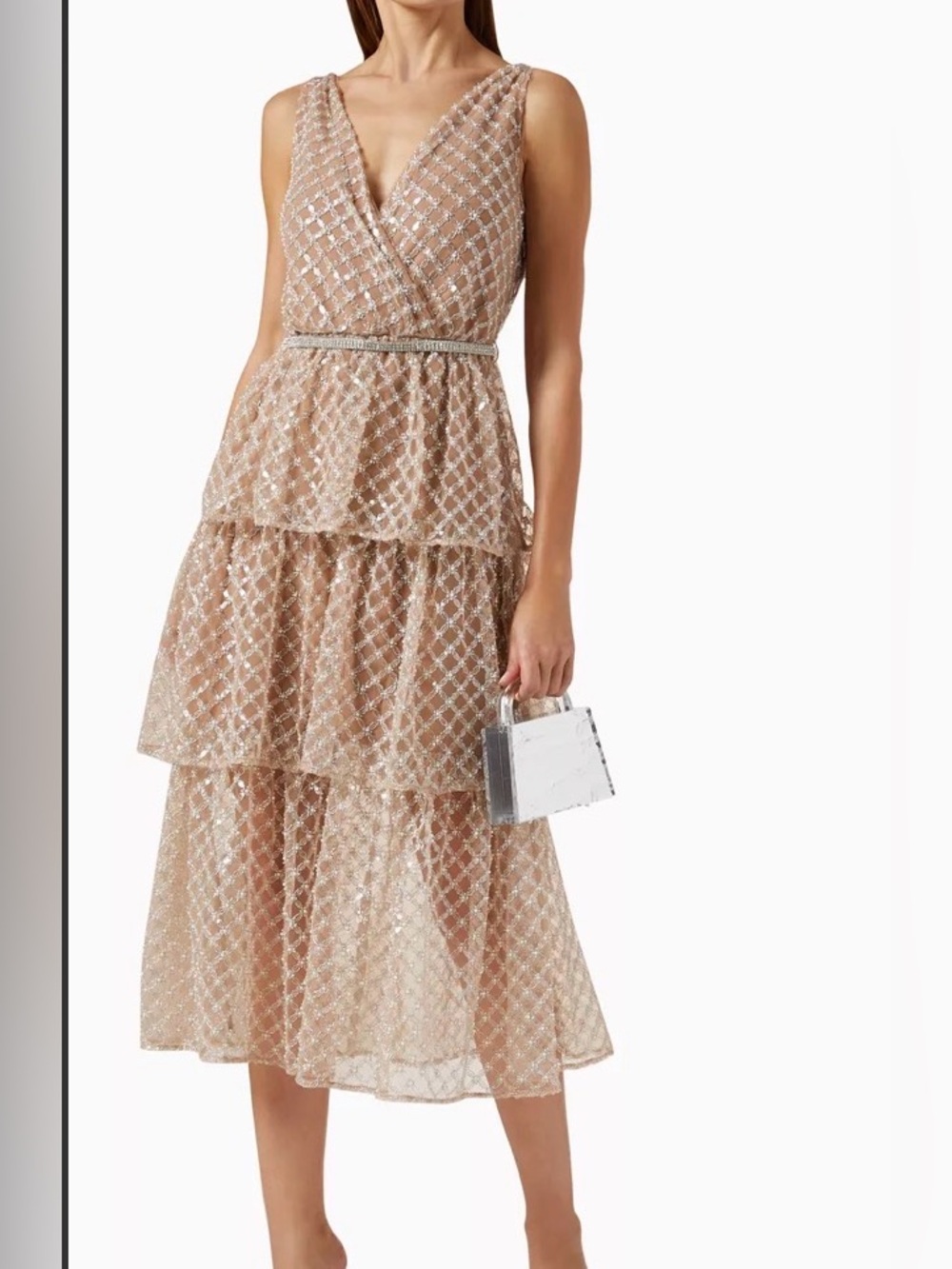 Self Portrait Tiered V-Neck Sequin Midi Dress in Champagne NEW WITH TAGS